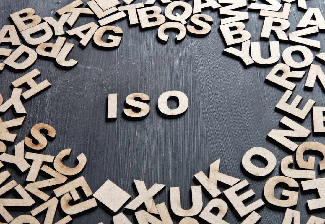 Wooden letters spelling ISO on a dark surface