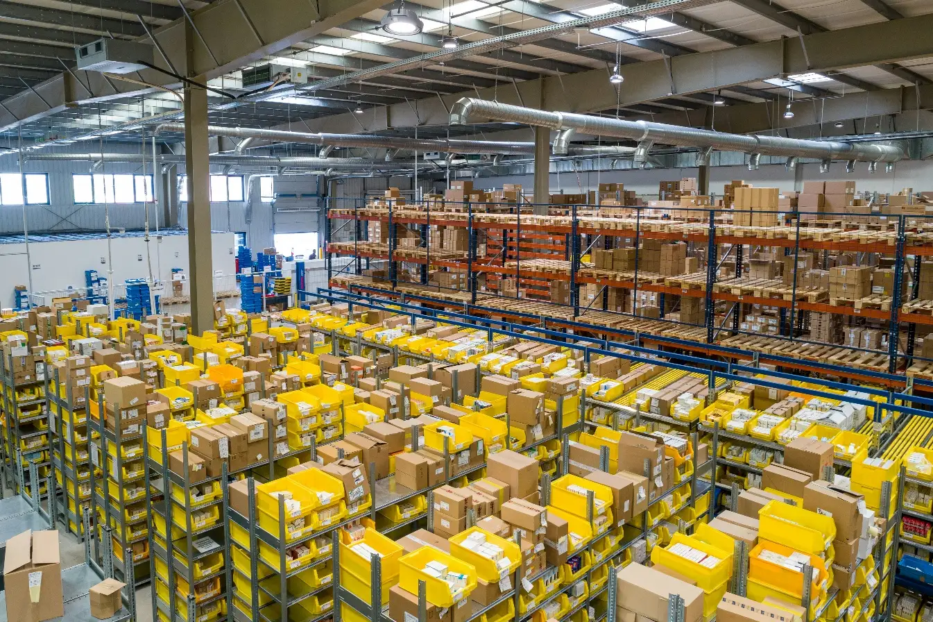 Aerial view of an organized warehouse stocked with inventory